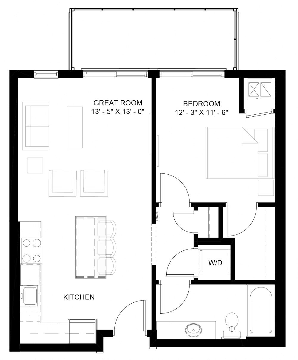 Floor plan for 1 bed, 1 bath, 682 sqft